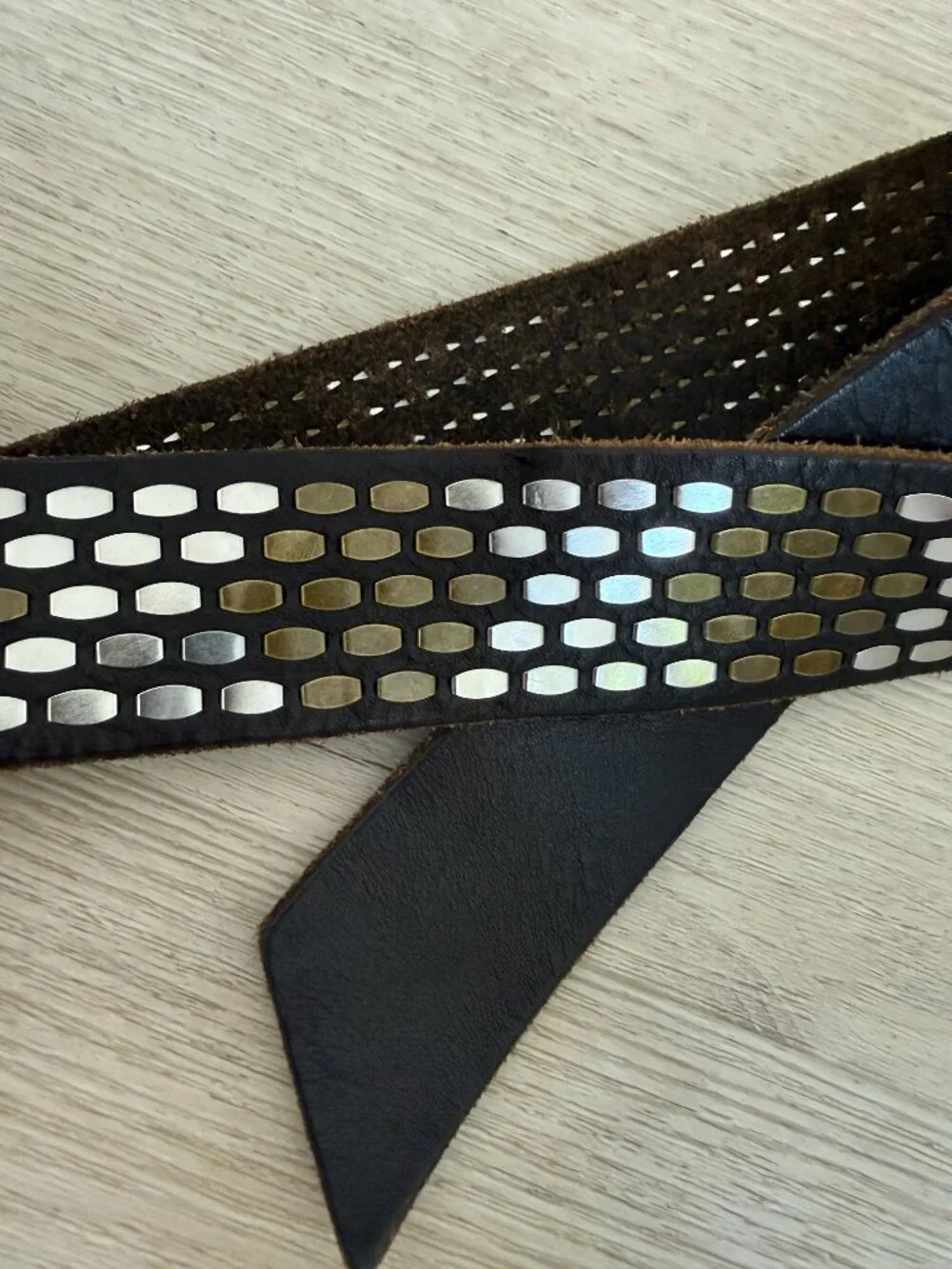 Leather Studded Belt Brown Mixed Metal Silver Brass Boho Western Festival Medium